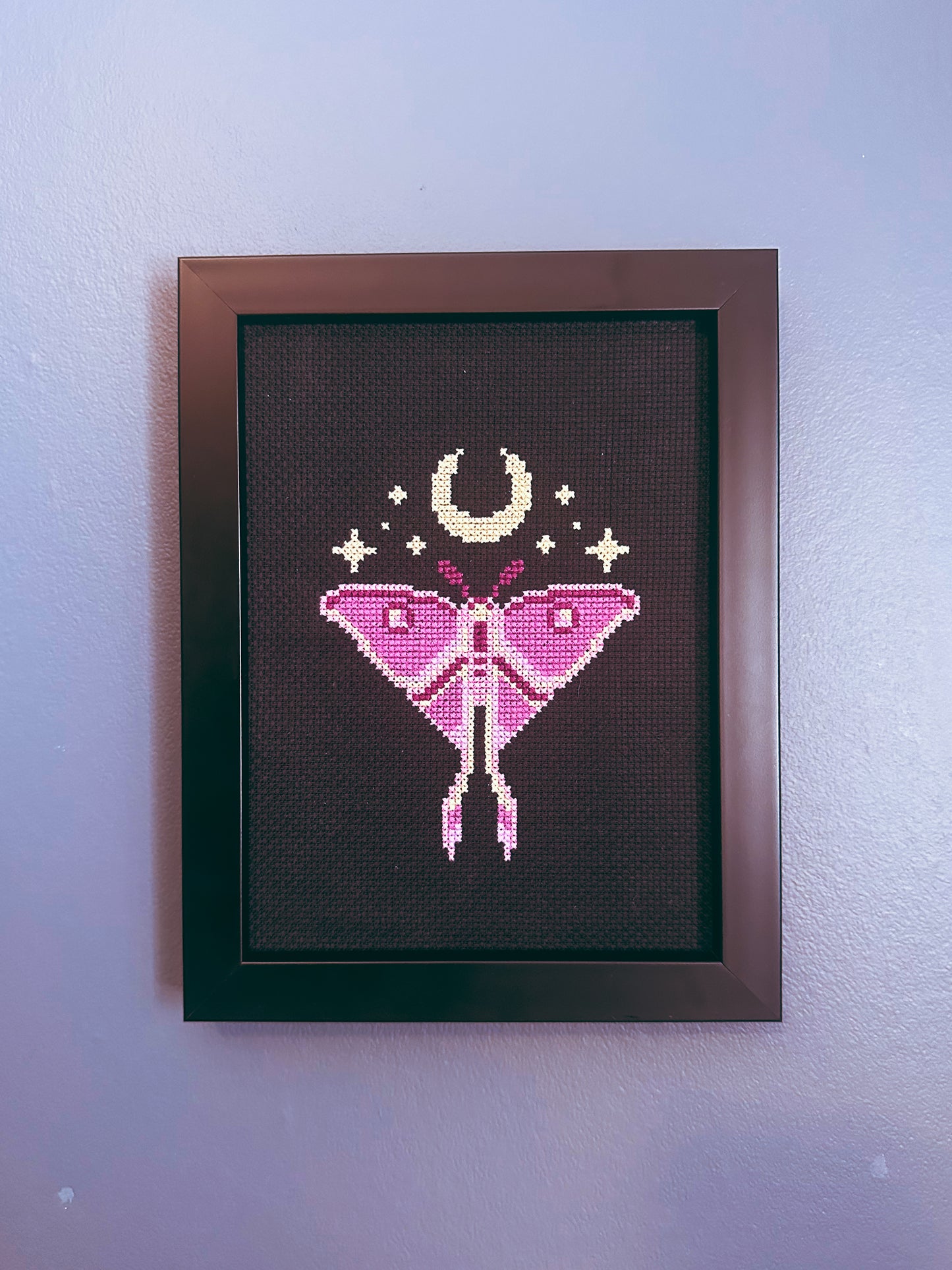 Midnight Luna Moth Cross Stitch Pattern PDF – Pink Witchy Moon Cross Stitch – Modern Gothic Moth Pattern