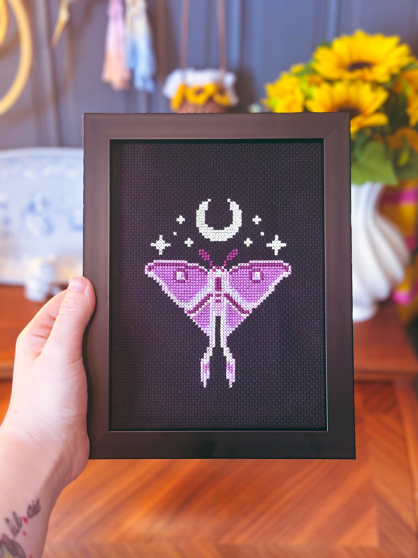 Midnight Luna Moth Cross Stitch Pattern PDF – Pink Witchy Moon Cross Stitch – Modern Gothic Moth Pattern